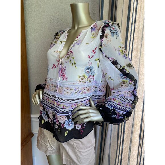 NWT White House Black Market Floral Print Ruffle Trim Blouse S - Picture 2 of 8